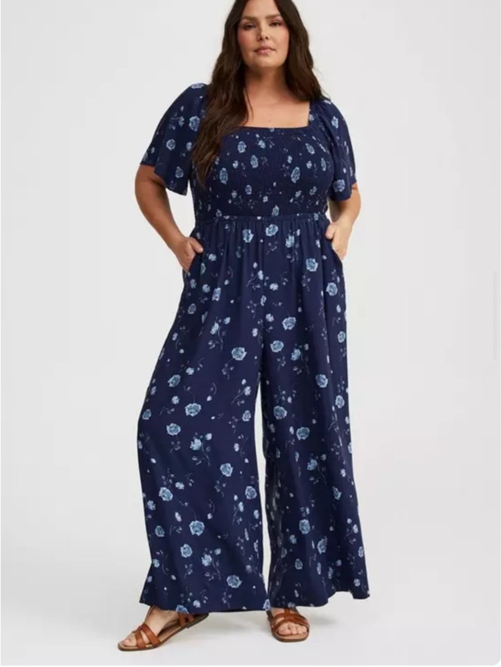 Navy Blue Floral Smocked Romper NWoT